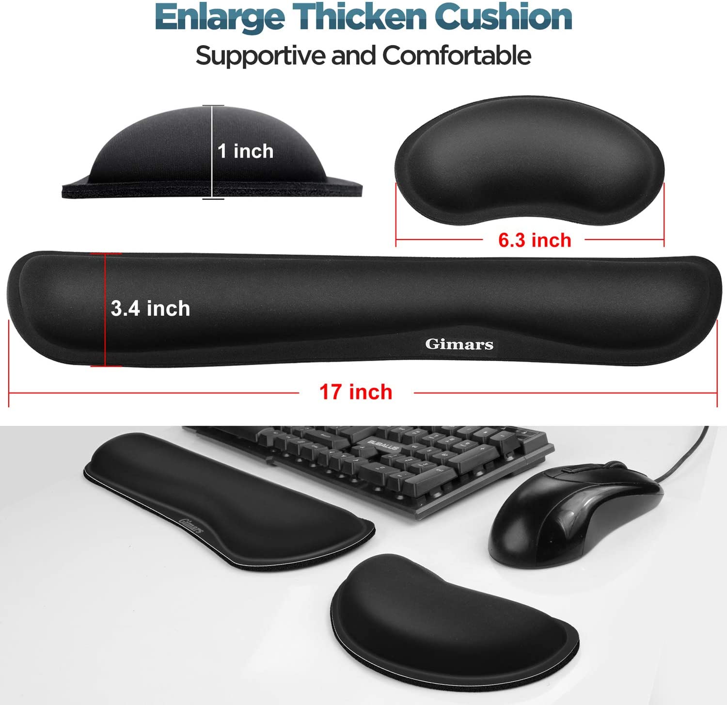Gimars Upgrade Enlarge Gel Memory Foam Set Keyboard Wrist Rest Pad, Mouse Wrist Cushion Support for Office, Computer, Laptop, Mac, Comfortable, Lightweight for Easy Typing Pain Relief, Black