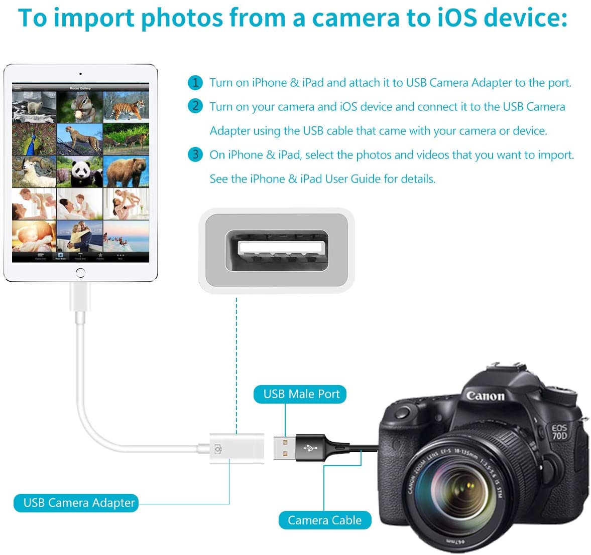 USB Camera Adapter, USB 2.0 Female OTG Adapter Compatible with Phone/Pad, Support Connect Camera, Card Reader, USB Flash Drive, Keyboard ,Support iOS 9.2 or Later, No APP Needed, Plug & Play -White