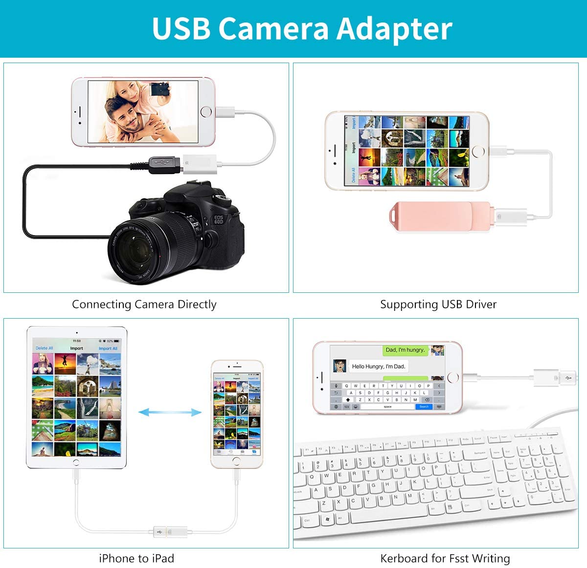 USB Camera Adapter, USB 2.0 Female OTG Adapter Compatible with Phone/Pad, Support Connect Camera, Card Reader, USB Flash Drive, Keyboard ,Support iOS 9.2 or Later, No APP Needed, Plug & Play -White