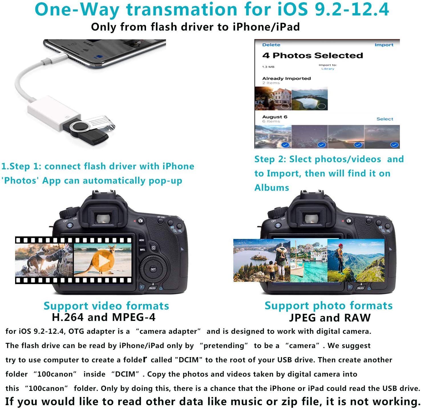 USB Camera Adapter, USB 2.0 Female OTG Adapter Compatible with Phone/Pad, Support Connect Camera, Card Reader, USB Flash Drive, Keyboard ,Support iOS 9.2 or Later, No APP Needed, Plug & Play -White