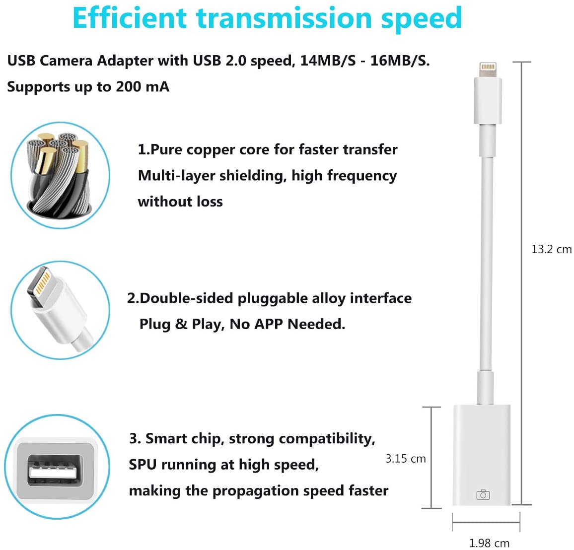 USB Camera Adapter, USB 2.0 Female OTG Adapter Compatible with Phone/Pad, Support Connect Camera, Card Reader, USB Flash Drive, Keyboard ,Support iOS 9.2 or Later, No APP Needed， Plug & Play -White