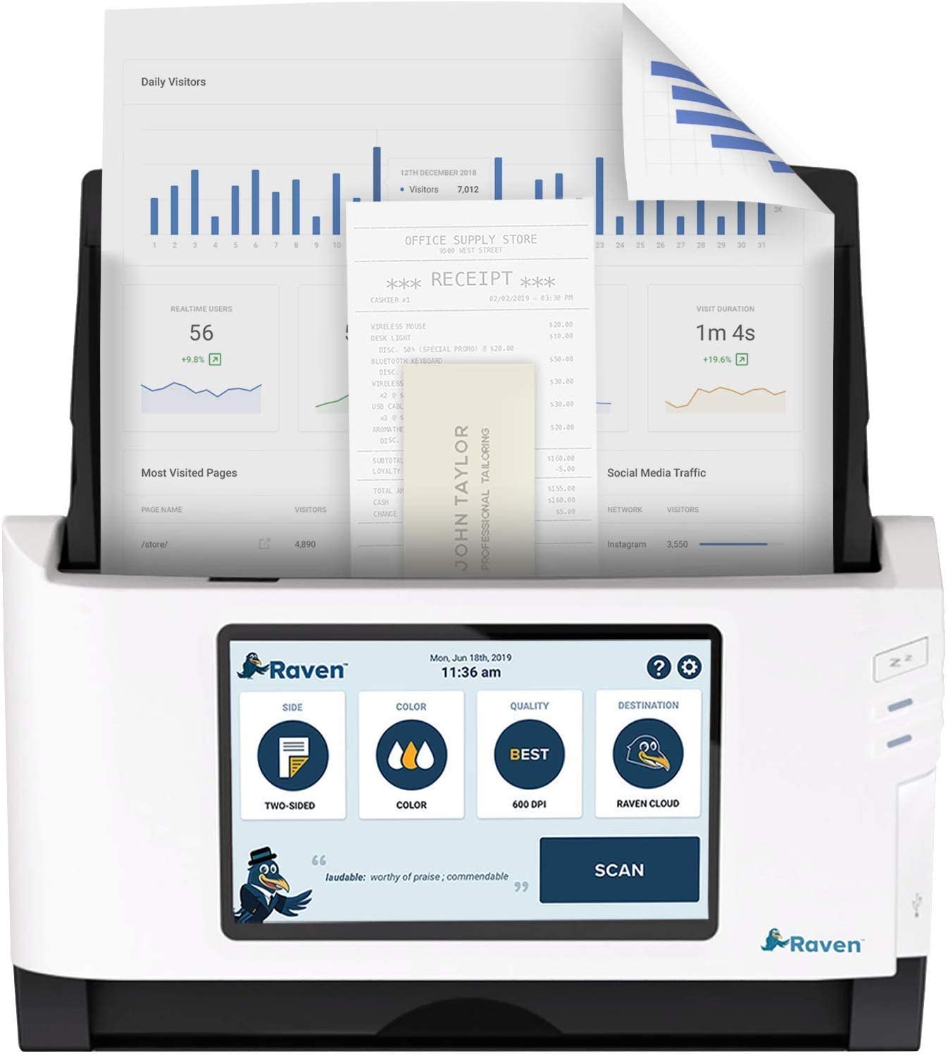 Raven Original Document Scanner - Huge LCD Touchscreen, Color Duplex Feeder (ADF), Wireless Scanning to Cloud, WiFi, Ethernet, USB, Home or Office