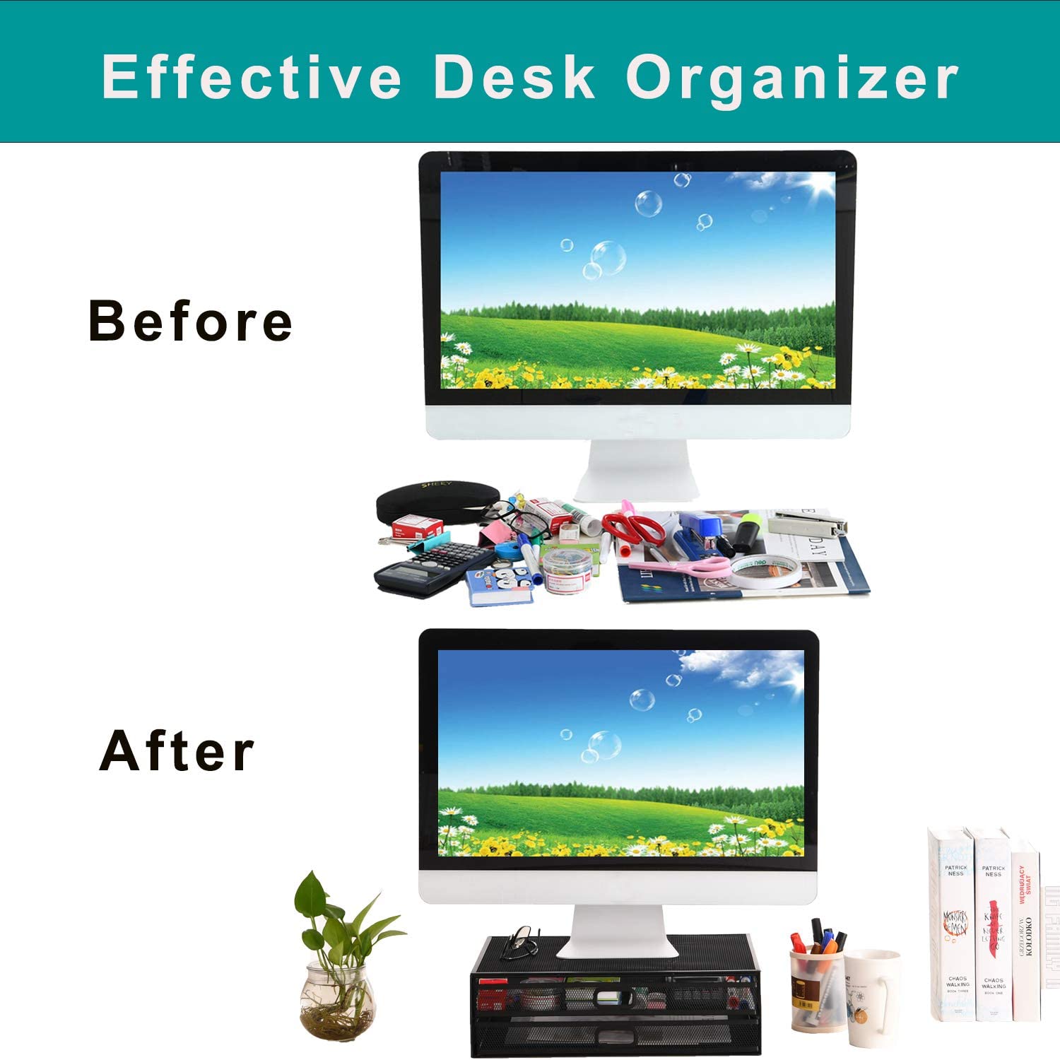 Monitor Stand Riser with Drawer - Metal Mesh Desk Organizer with Dual Pull Out Storage Drawer,Office Supply for Computer, PC, Laptop, Printer, Notebook, iMac (Black)