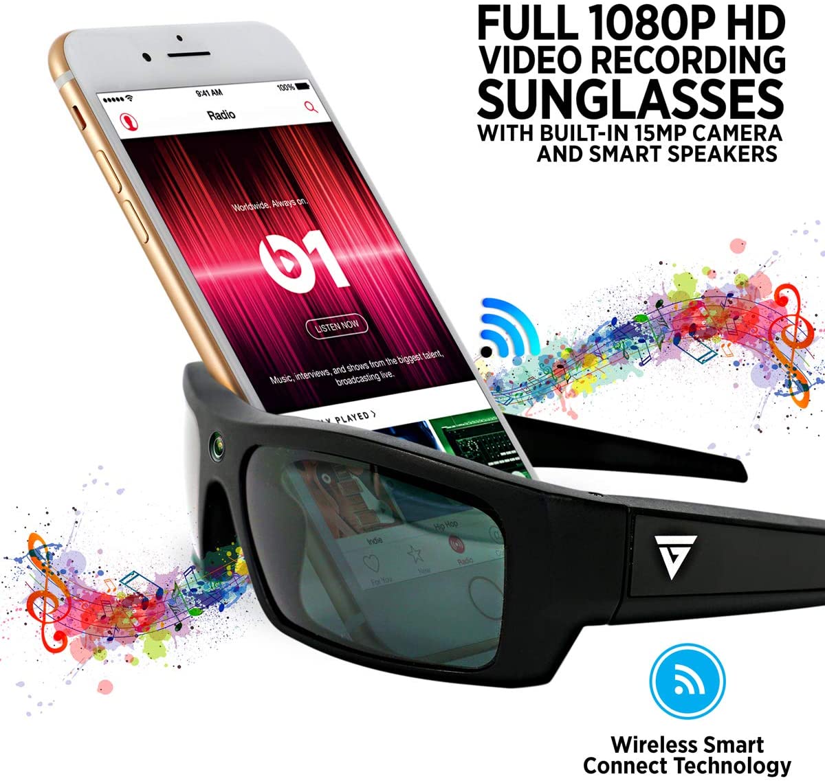 GoVision SOL 1080p HD Camera Glasses Video Recording Sport Sunglasses with Bluetooth Speakers and 15mp Camera - Black (GV-SOL1440-BK)