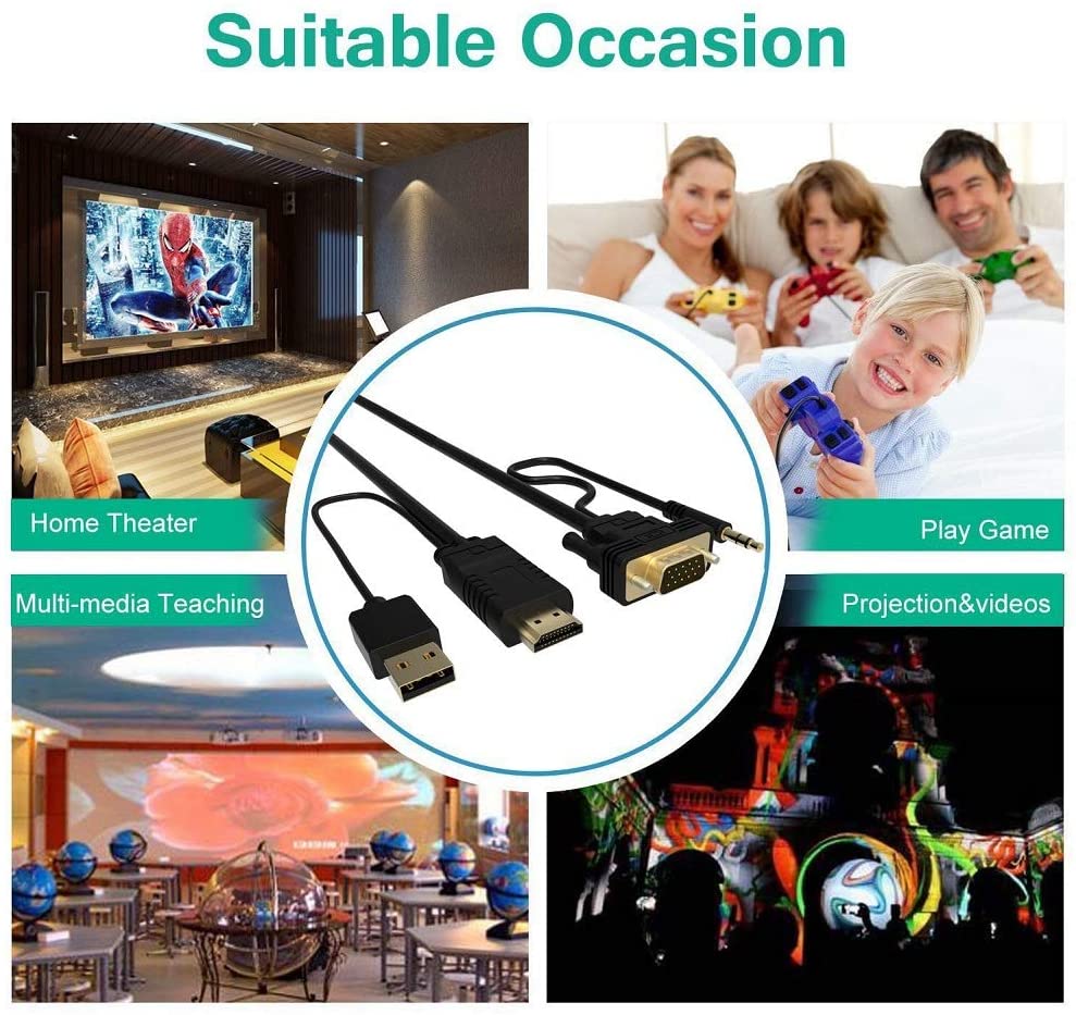 FOINNEX VGA to HDMI Adapter/Converter Cable with Audio,1080P,Convert VGA Source (PC) in HDMI Connector of Monitor,TV. Active Male VGA-HDMI Out Lead Video Adattatore Cord for Computer,Laptop,Projector