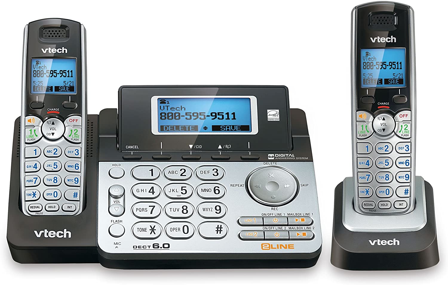 VTech DS6151-2 2 Handset 2-Line Cordless Phone System for Home or Small Business with Digital Answering System & Mailbox on Each line, Silver