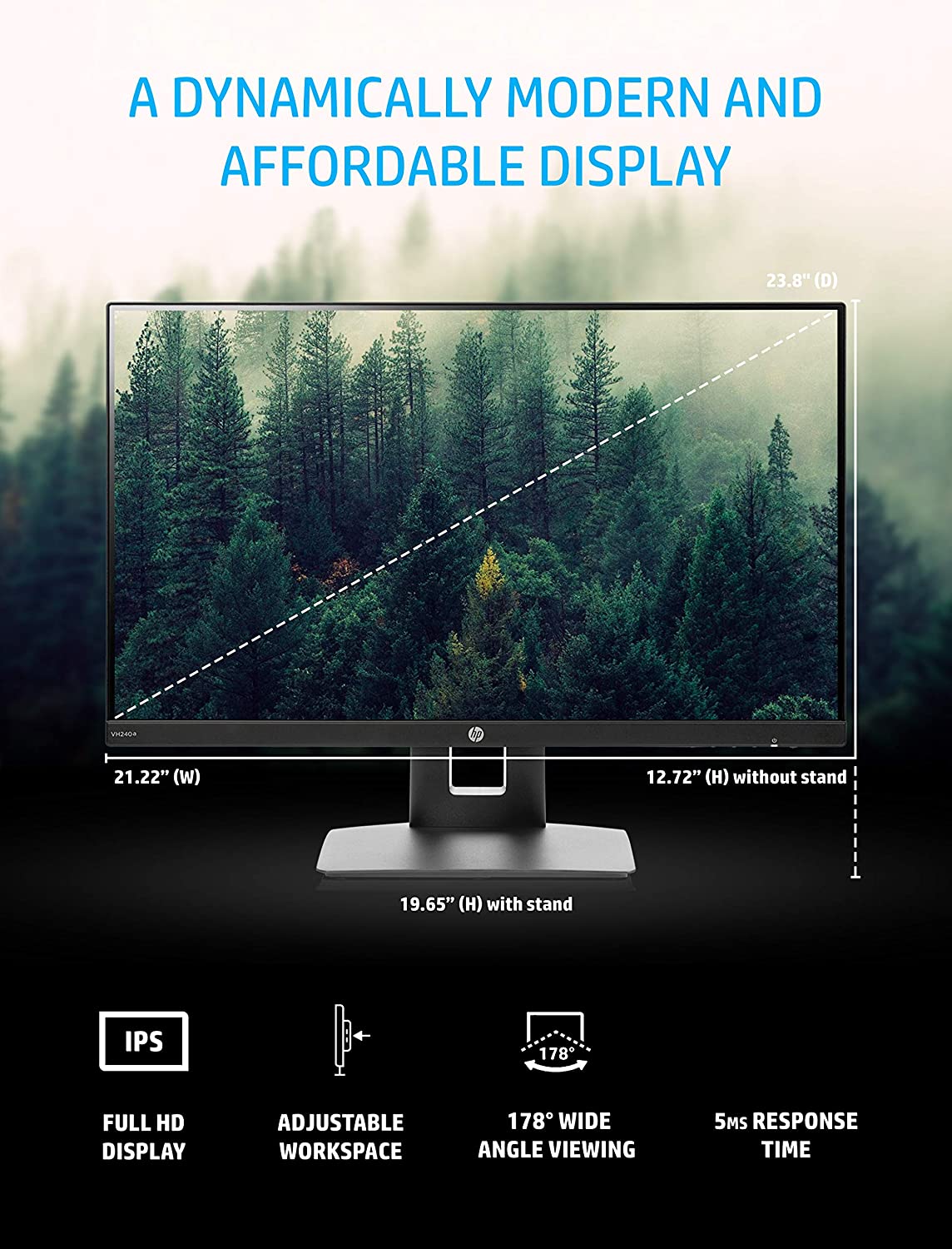 HP VH240a 23.8-inch Full HD 1080p IPS LED Monitor with Built-in Speakers and VESA Mounting, Rotating Portrait & Landscape, Tilt, and HDMI & VGA Ports (1KL30AA) - Black