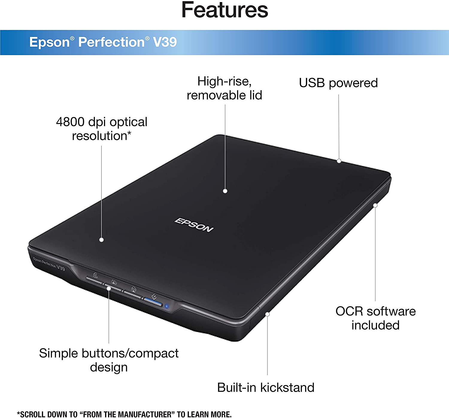 Epson Perfection V39 Color Photo & Document Scanner with Scan-To-Cloud & 4800 Optical Resolution,Black