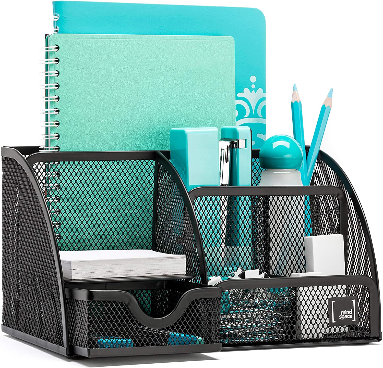 Mindspace Office Desk Organizer with 6 Compartments + Drawer | The Mesh Collection, Black